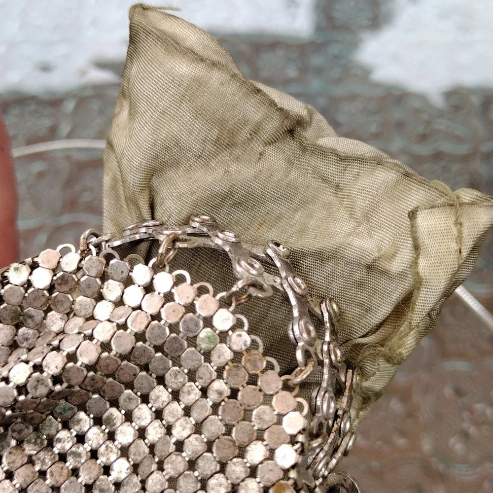 c1930s Whiting & Davis Silver Tone Mesh Gate Top Beggars Purse Bag + - Picture 6 of 8